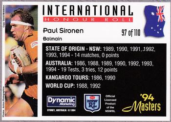 1994 Dynamic NSW Rugby League '94 Masters #97 Paul Sironen Back